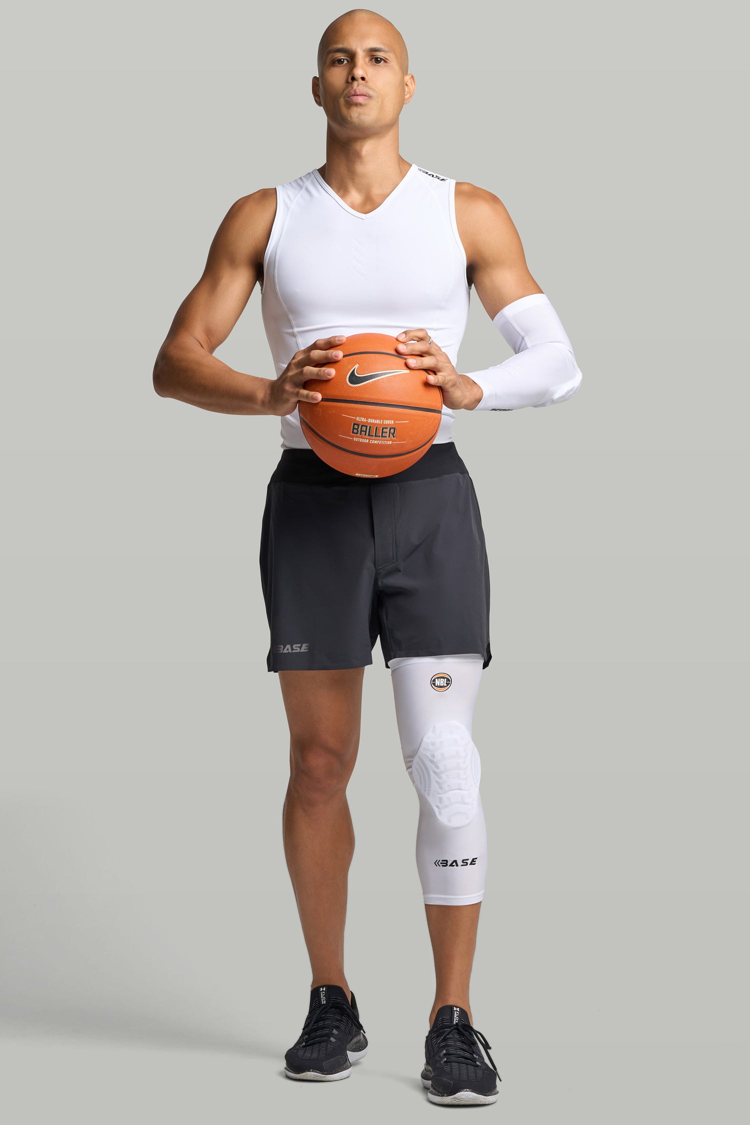 BASE + NBL Compression Curved Padded Knee Guard (Single) - White