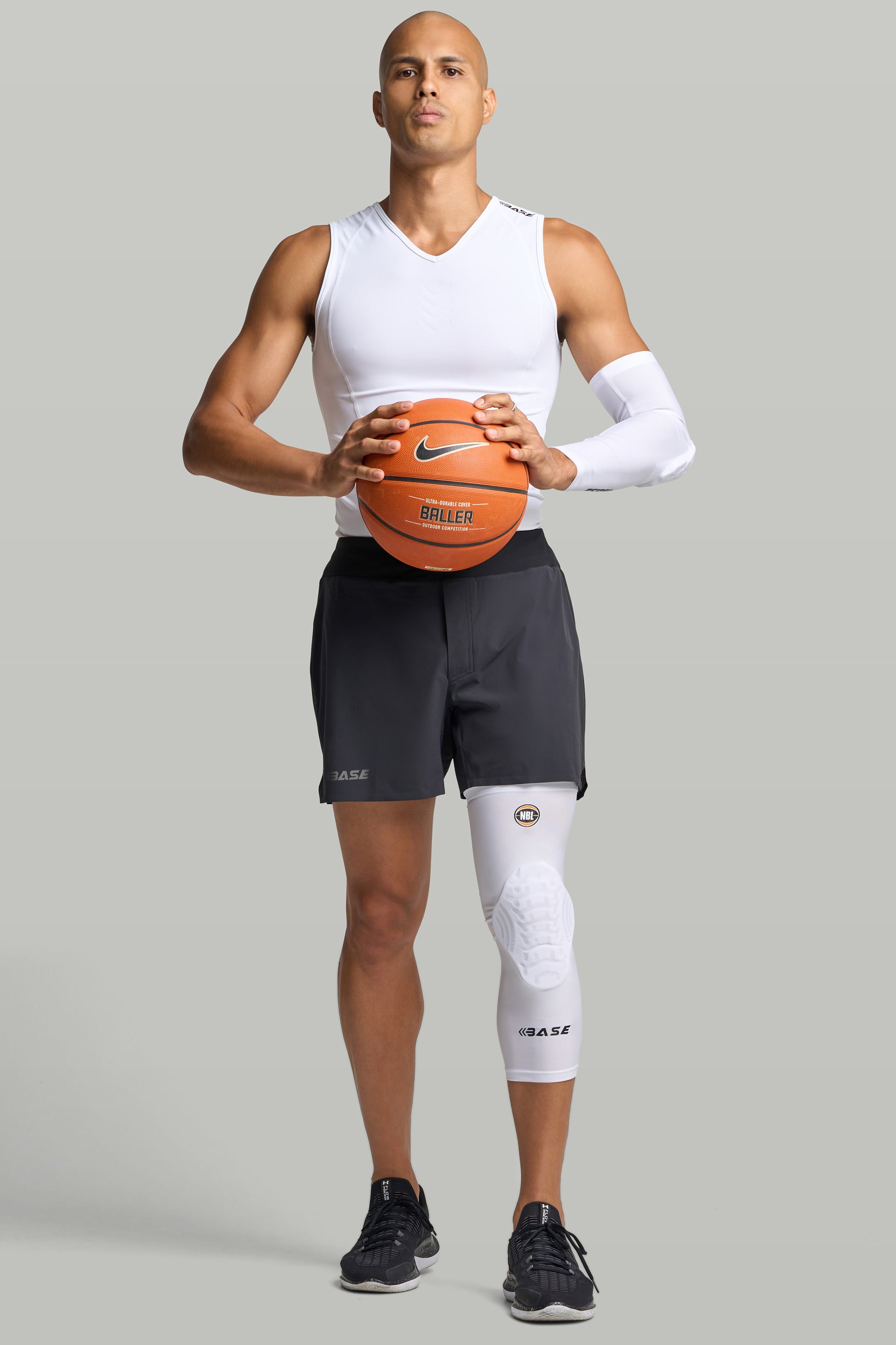 BASE + NBL Compression Curved Padded Knee Guard (Single) - White