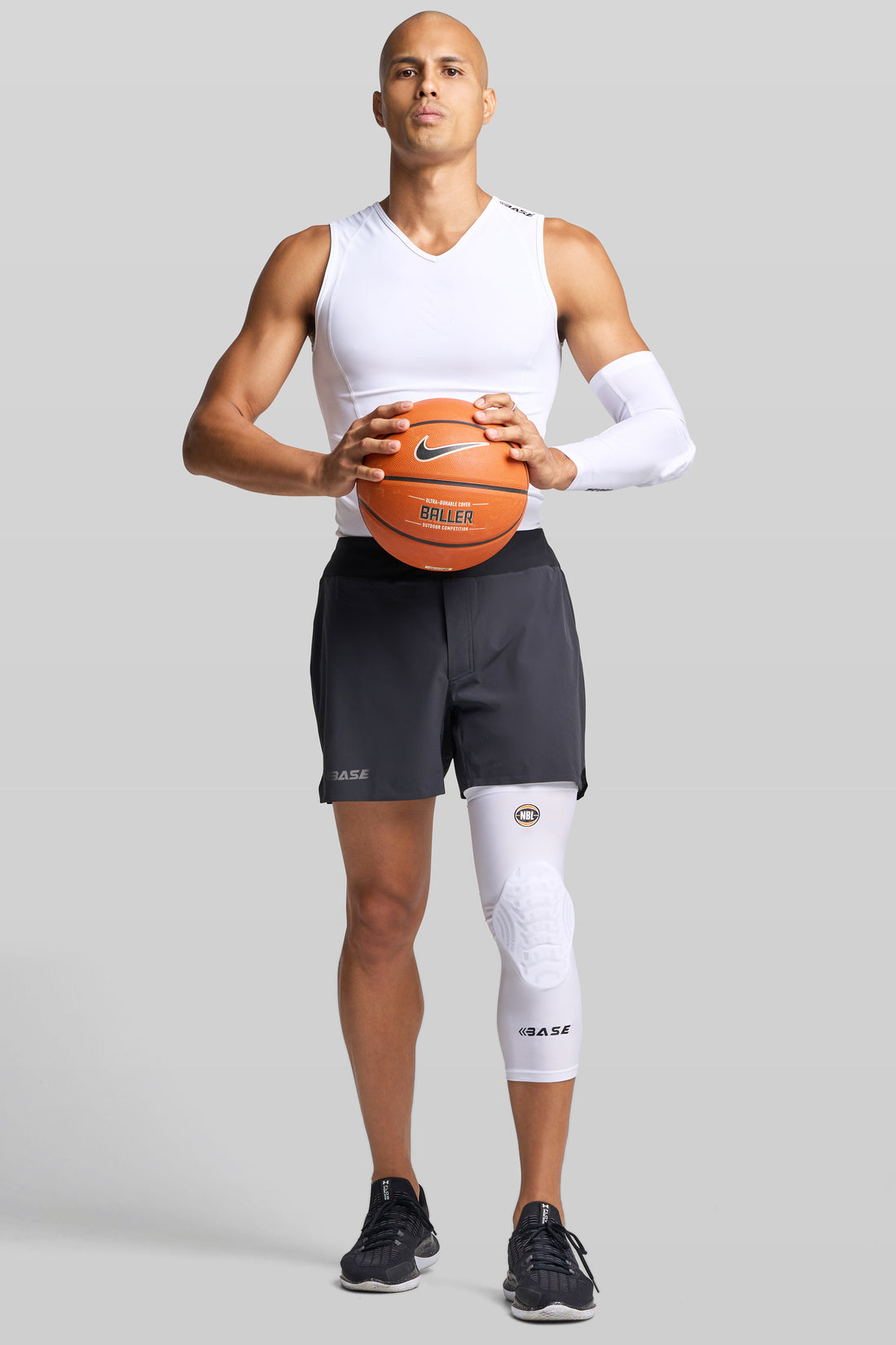 BASE + NBL Compression Curved Padded Knee Guard (Single) - White